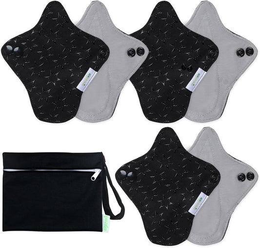 wegreeco 6 Pcs Reusable Menstrual Pads, Ultra Absorbent Cloth Pads for Heavy Flow, Sanitary for Teens, Women, Nonslip, Grey Inner, Black Outer, X-Small
