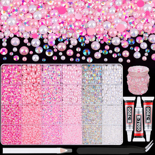 9000Pcs Flatback Pearls and Rhinestones for Crafting, Pink White Mixed Size 3-8mm Resin Rhinestones and Half Pearls for Bedazzling, Nail Art and Decoration with 3pcs B7000 Jewelry Glue