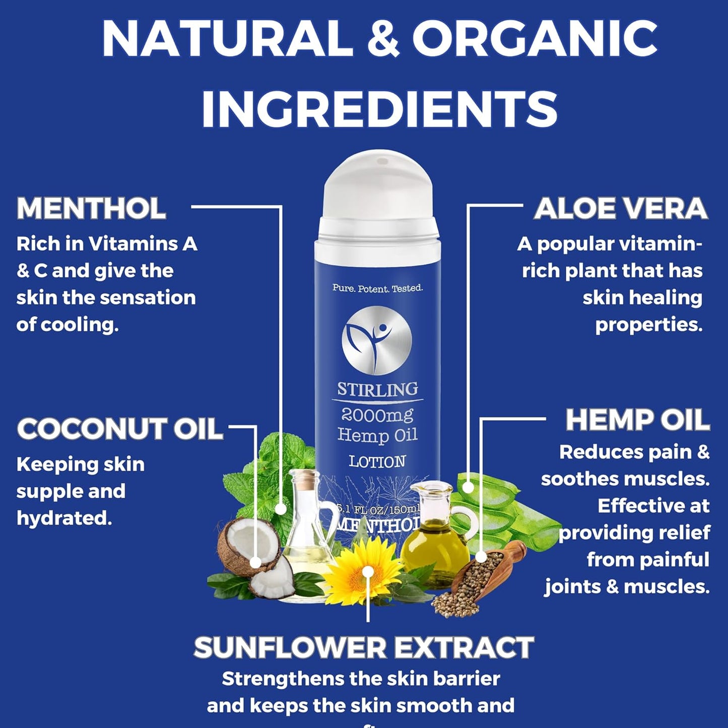 STIRLING Menthol Lotion + Hemp Oil – Maximum strength relief with cooling menthol and 100% pure hemp oil to soothe joints, relax muscles, and hydrate with aloe vera. 5 fl oz. (2000mg, Menthol)