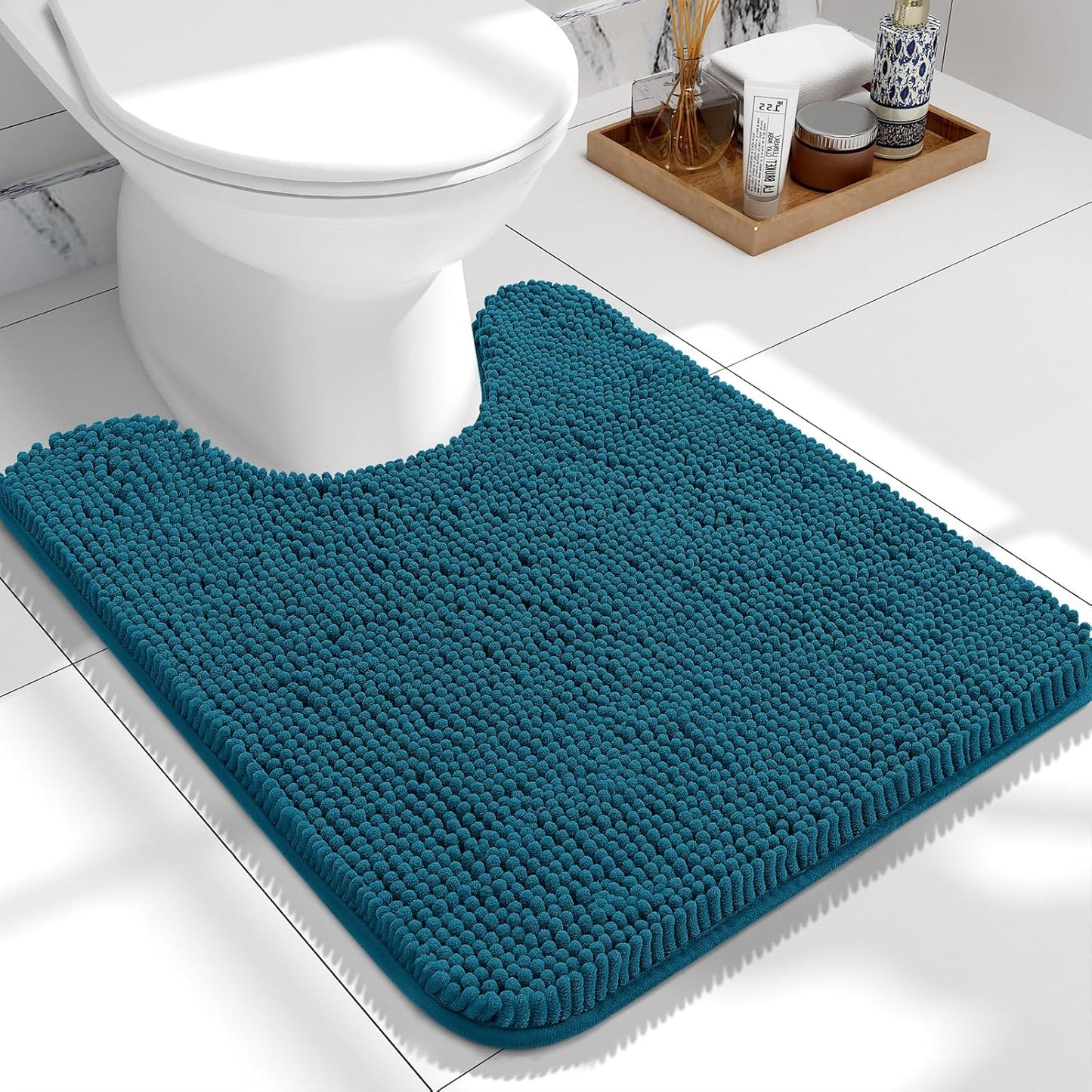 OLANLY Toilet Rugs U-Shaped 24x20, Extra Soft Absorbent Chenille Contour Bathroom Rugs for Toilet, Dry Quickly, Machine Washable, Non-Slip Bath Mat, Peacock Blue