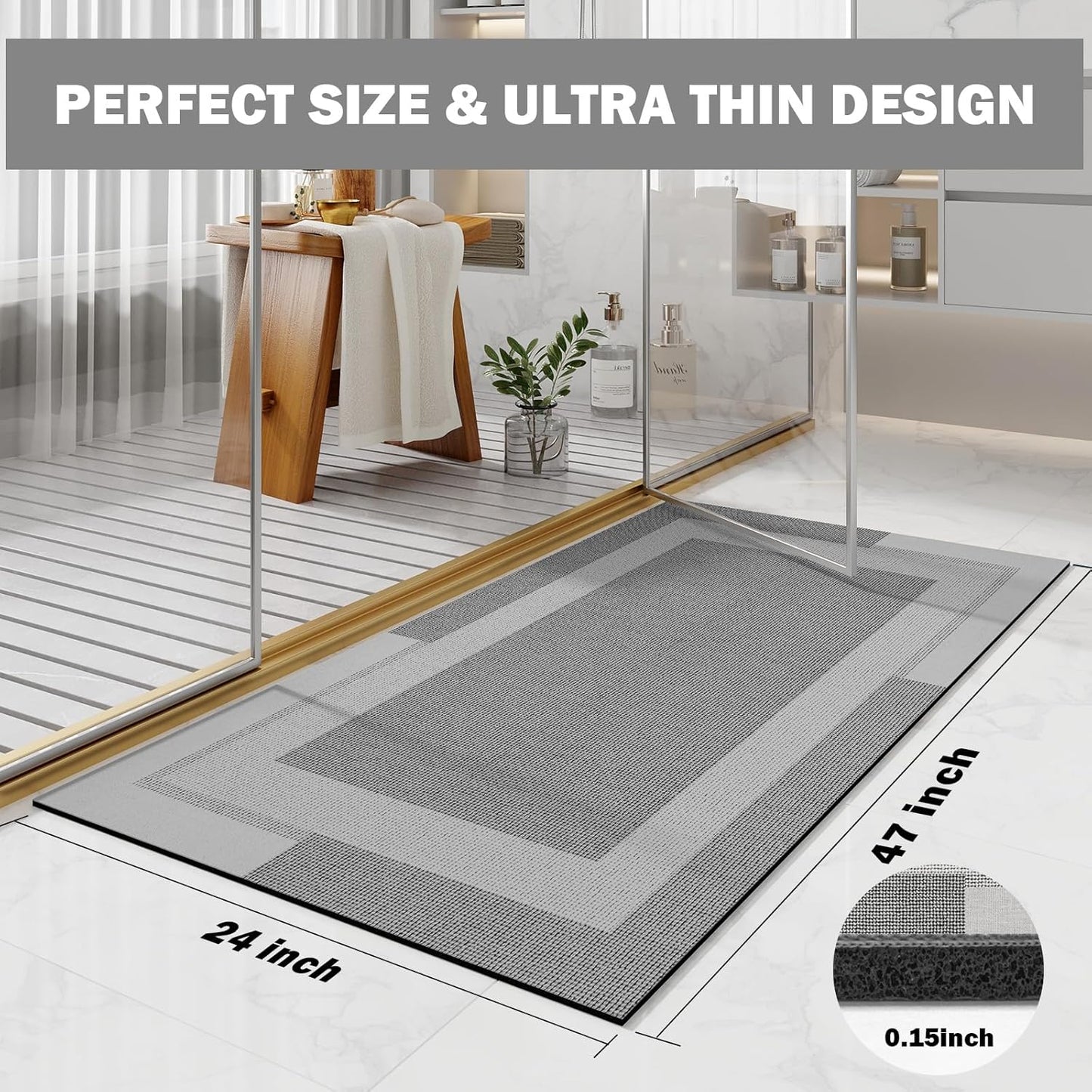 Non Slip Long Bath Mat Bathroom Runner, Rubber Backing Ultra Thin Bathroom Rugs Fit Under Door Quick Dry Super Absorbent Washable Bath Rug Shower Mat for Bathtub Sink Floor, Grey 24"x48"