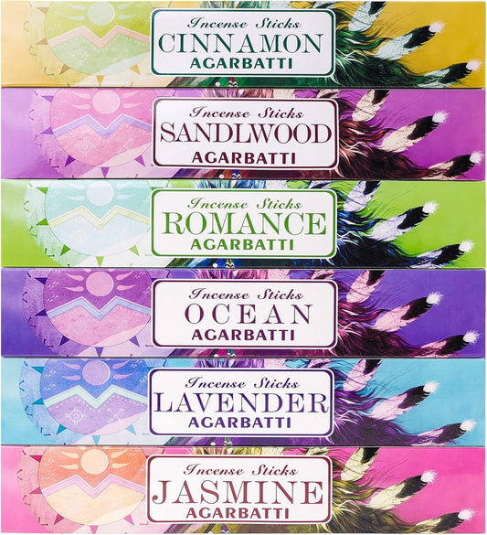 Mosfantal Premium Hand Dipped Incense Sticks - Cinnamon, Jasmine, Lavender, Sandalwood, Ocean, Romance Variety Gift Pack (240Gram)