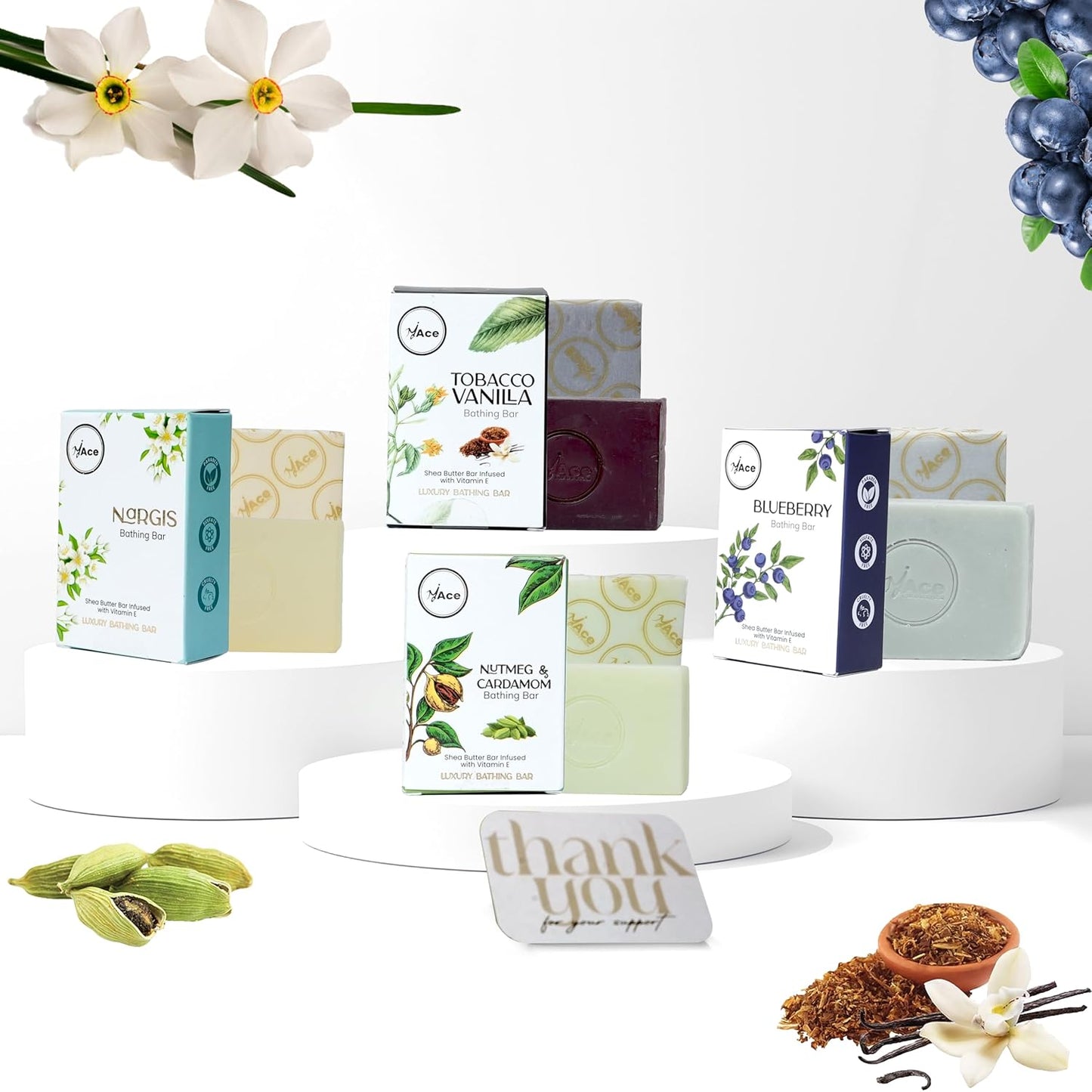 MY ACE Handmade Soap Set – 4 Bathing Bars: Nutmeg & Cardamom, Tobacco Vanilla, Blueberry & Nargis – SLES & Paraben-Free, Coconut Oil, Shea Butter & Vitamin E – Gentle & Moisturizing, 3.5 oz Each