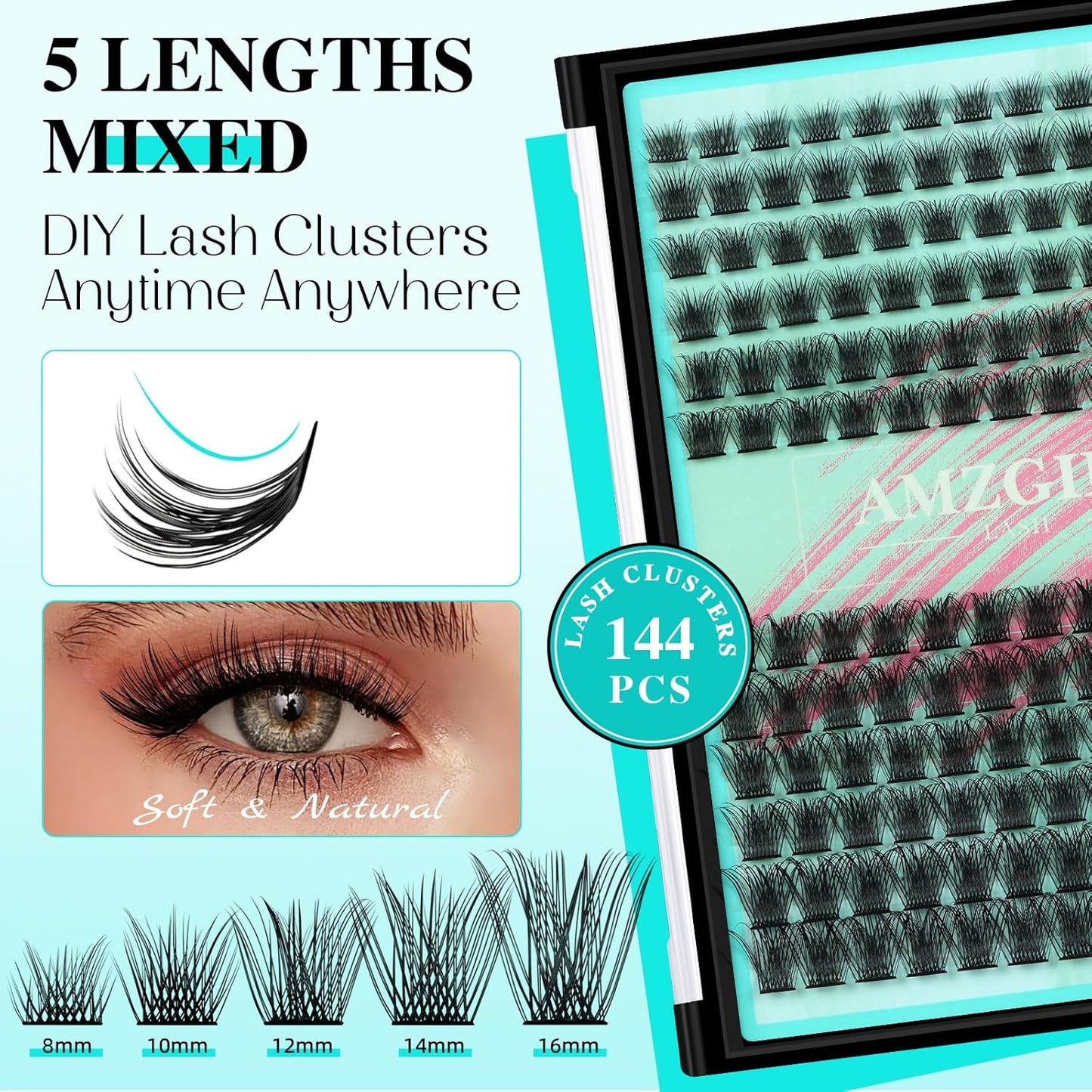 Lash Clusters 144Pcs Eyelash Extension Midnight Lashes Extensions Natural Cluster Lashes for Individual Eyelashes Extension by AMZGlRL(D-Mix8-16mm)