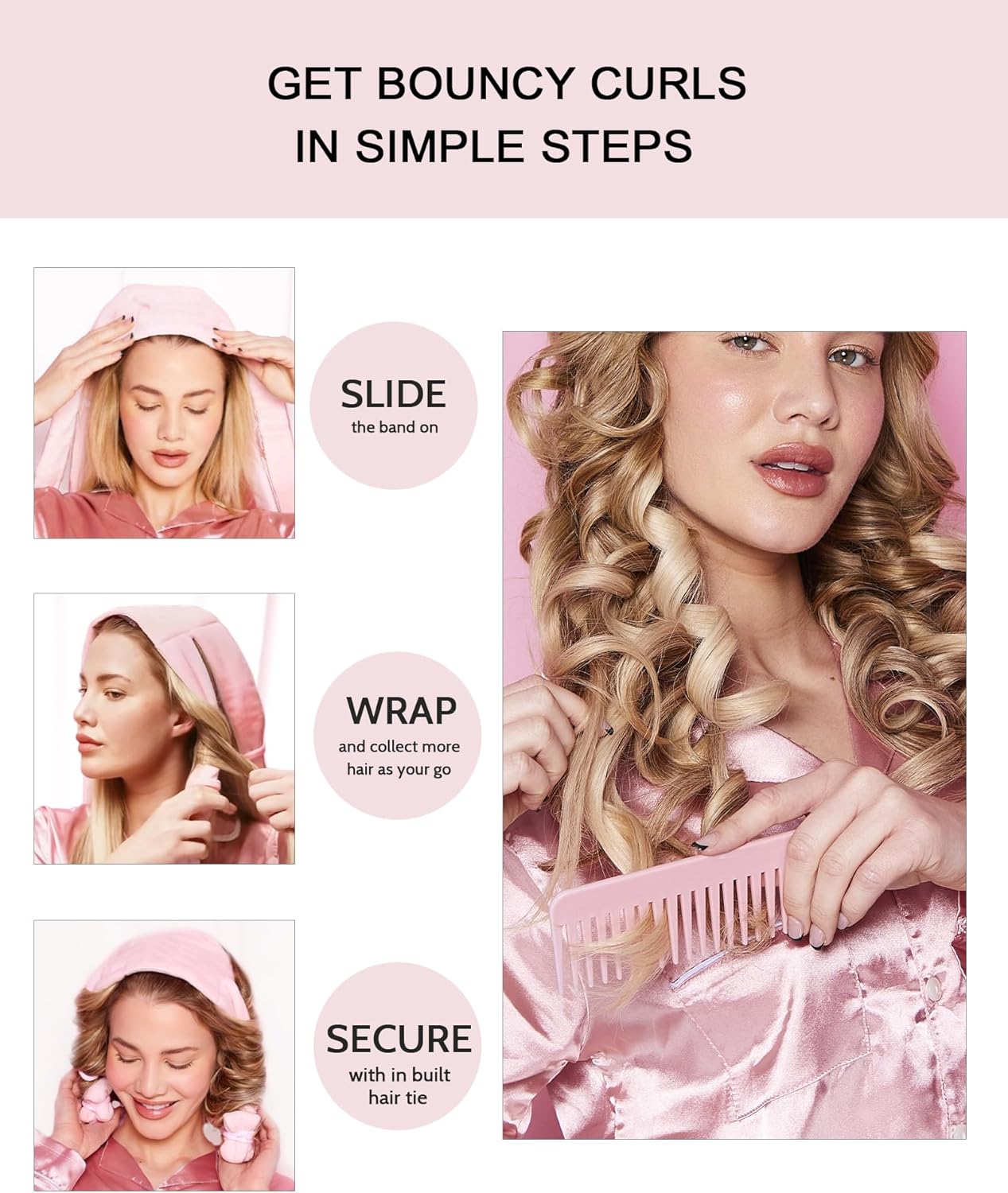 Heatless Hair Curler Curls Overnight Rods No Heat Hair Curlers to Sleep in, Soft Heatless Curling Ribbon Set with Clip Hair Rollers for Blowout Look Long Short Hair, Sonic Pink