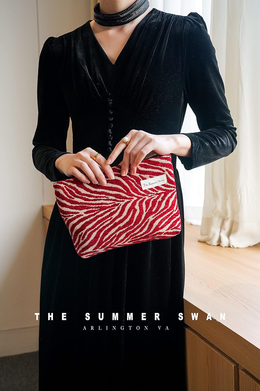 The Summer Swan | Large Aesthetic Floral Mid-day Clutch Period Kit Hygiene Skincare Cute Makeup Bag (Velvet Zebra Print Red)
