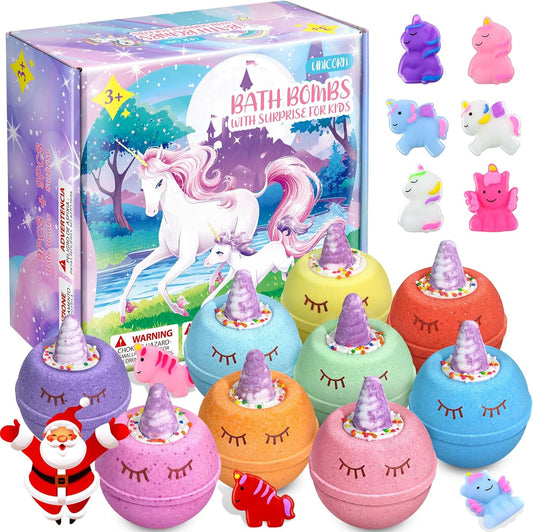 Unicorn Gifts for Kids, 9 Large Natural and Organic Unicorn Bath Bombs for Kids with Surprise Toys Inside, Birthday Gift Set for Teen Girls Boys 3-12