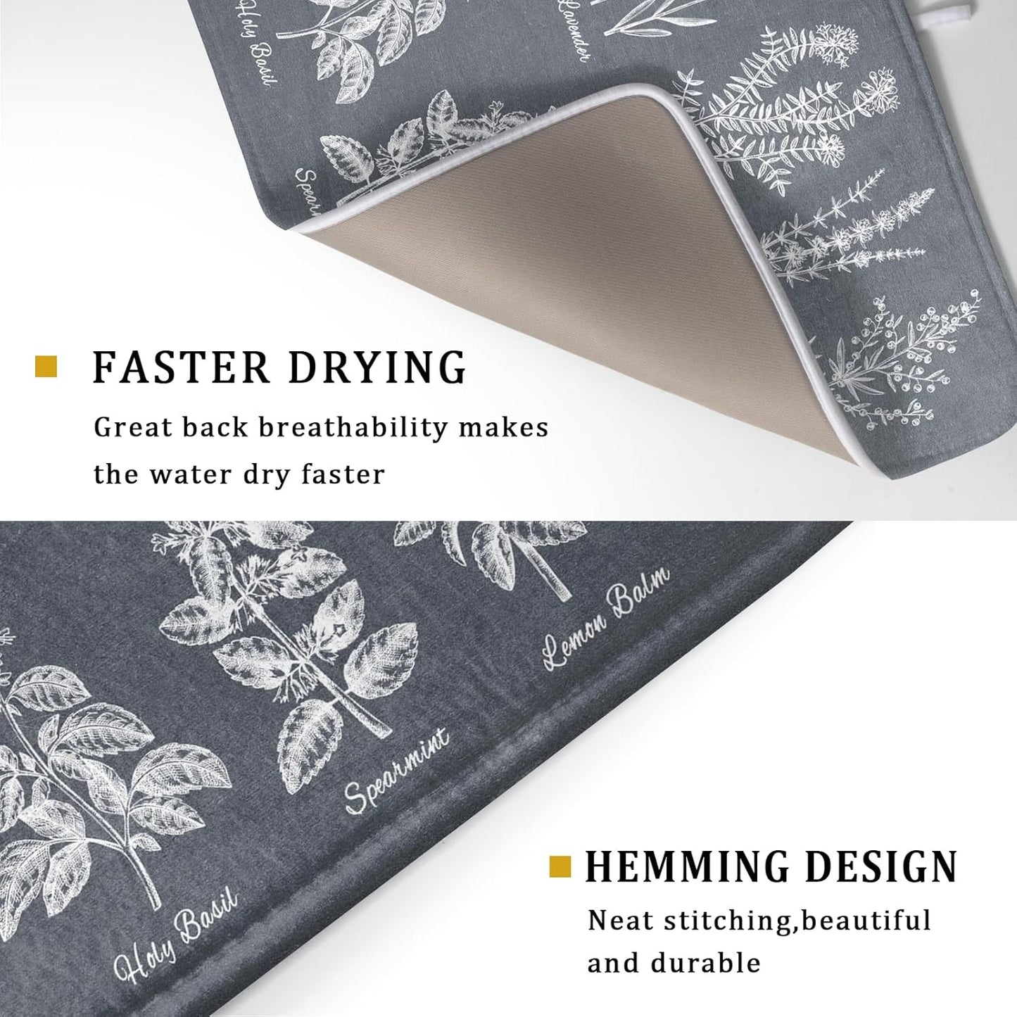 Flower Herbs Dish Drying Mat Wild Plant Dish Rack Mat with Hanging Loop Fast Dry Dish Drainer Pad for Kitchen Counter Sink 18x24 Inch