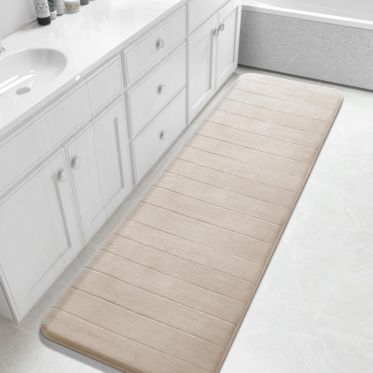 Yimobra Bathroom Runner Rugs 72"x24" Non Slip Washable Memory Foam Bath Mat, Super Soft Water Absorbent Hallway Carpet for Vanity Tub Shower, Beige