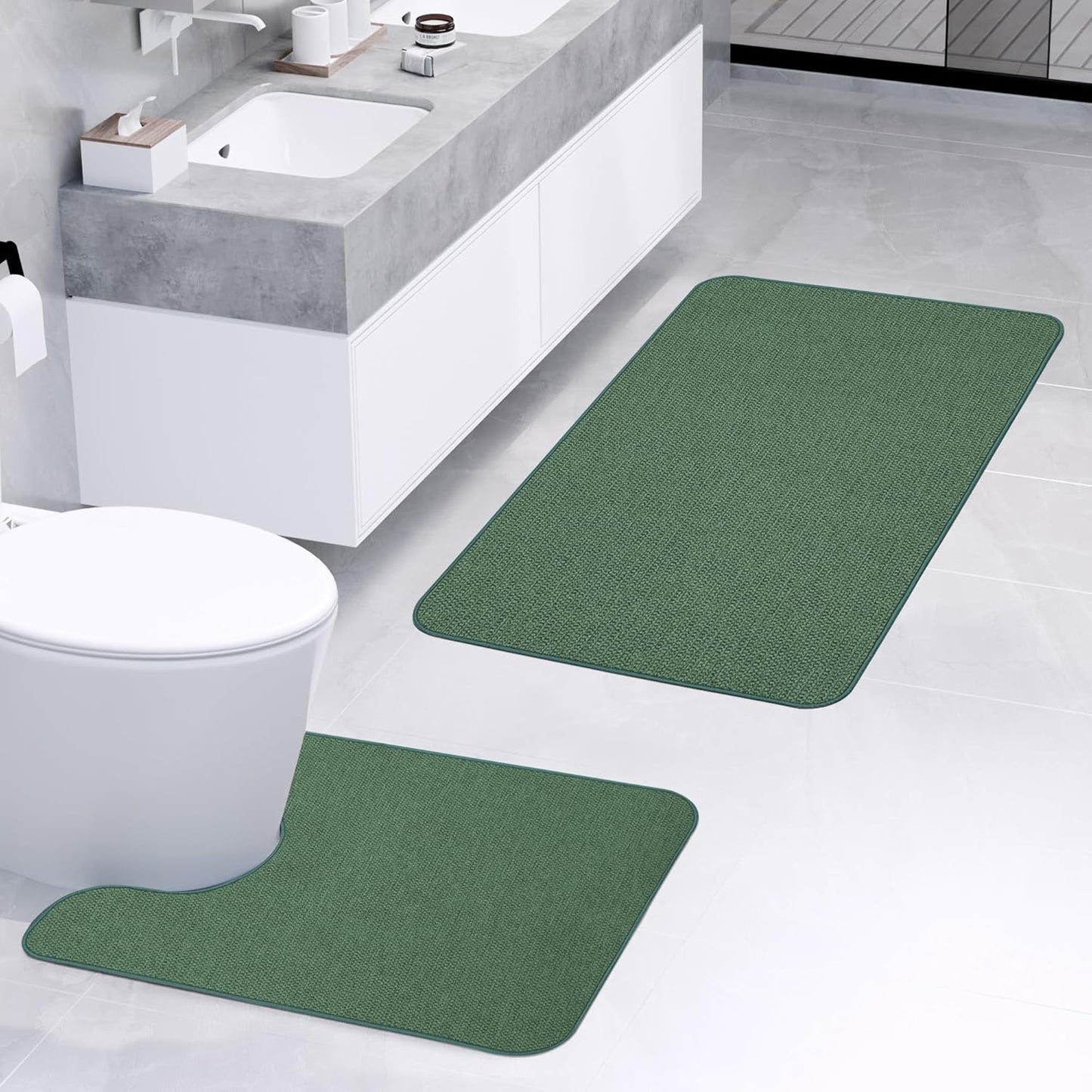 Bathroom Rugs Set 2 Pieces,Thin Bathroom Mats,Toilet Rugs,Quick Dry,Non-Slip,Machine Washable,Low Pile,Absorbent Bath Mats,Shower,Sink,Home Decor Accessories.Green,1'5"x2'3"+1'8"x2" U Shape