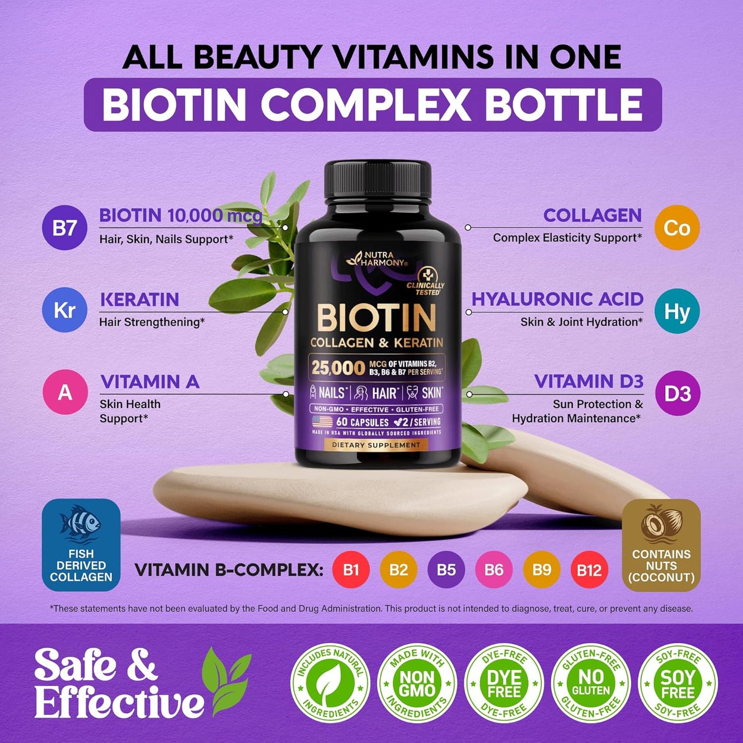 Biotin | Collagen | Hyaluronic Acid | Keratin - Clinically Tested Supplement - Hair Growth Support, Skin & Nails - 25000 mcg Vitamins B2, B3, B6 & B7 + B1 - Made in USA - Women & Men | 60 Capsules