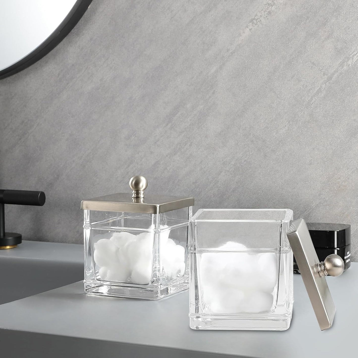 Glass Cotton Jar Holder 2 Pack– Satin Nickel Lid, Elegant Bathroom Storage Canister for Qtips, Cotton Balls, Floss, Makeup Organizer, Vanity & Bathroom Organization