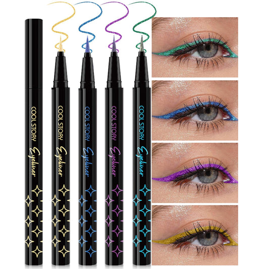 4Pcs Glitter Colored Liquid Eyeliner & Eyeshaow, Shimmer Liquid Eyeliner & Eyeshaow Makeup Set, Purple Blue Gold Green Face Body Glitter Makeup Sparkling Eye shaow Pen