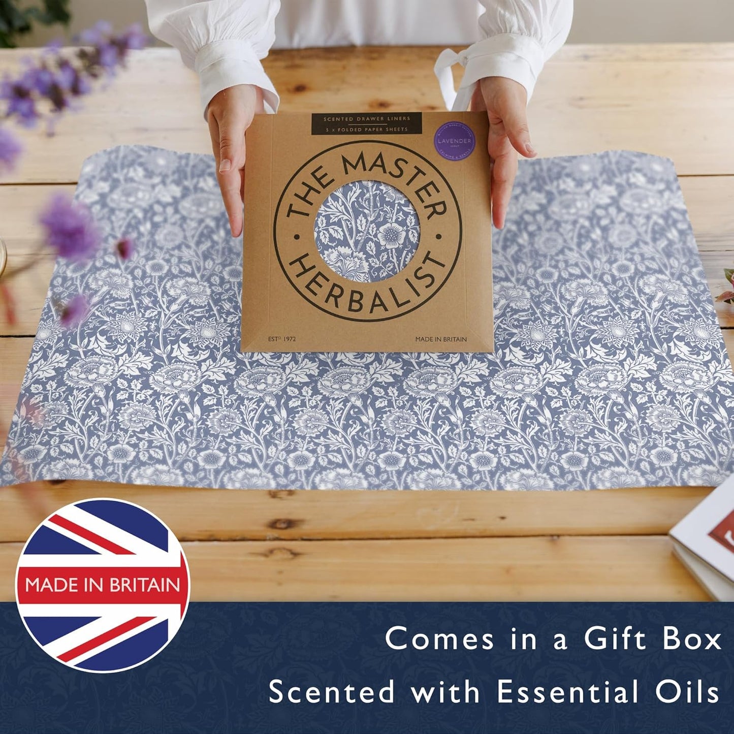 Lavender Scented Drawer Liners in a Blue William Morris Design | Pack of 5 Folded Sheets | Contains Lavender Essential Oils | Made in The UK.