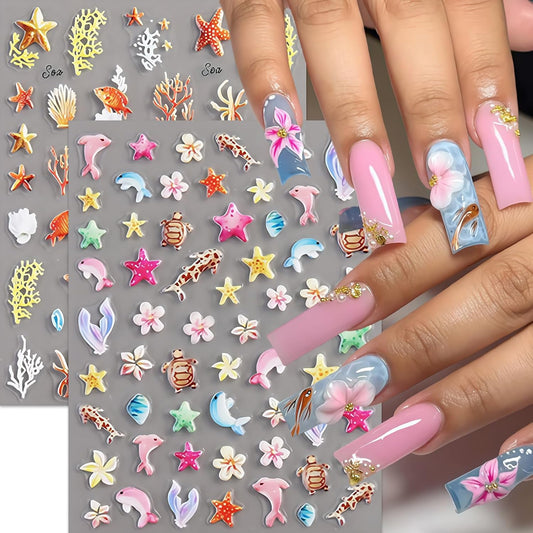 2Sheets Ocean Life 5D Embossed Nail Art Stickers Decals Dolphin Conch Seashell Nail Stickers Self-Adhesive Flowers Turtles Corals Nail Designs Sea Creature Nails Supplies for Women Nails Decoration