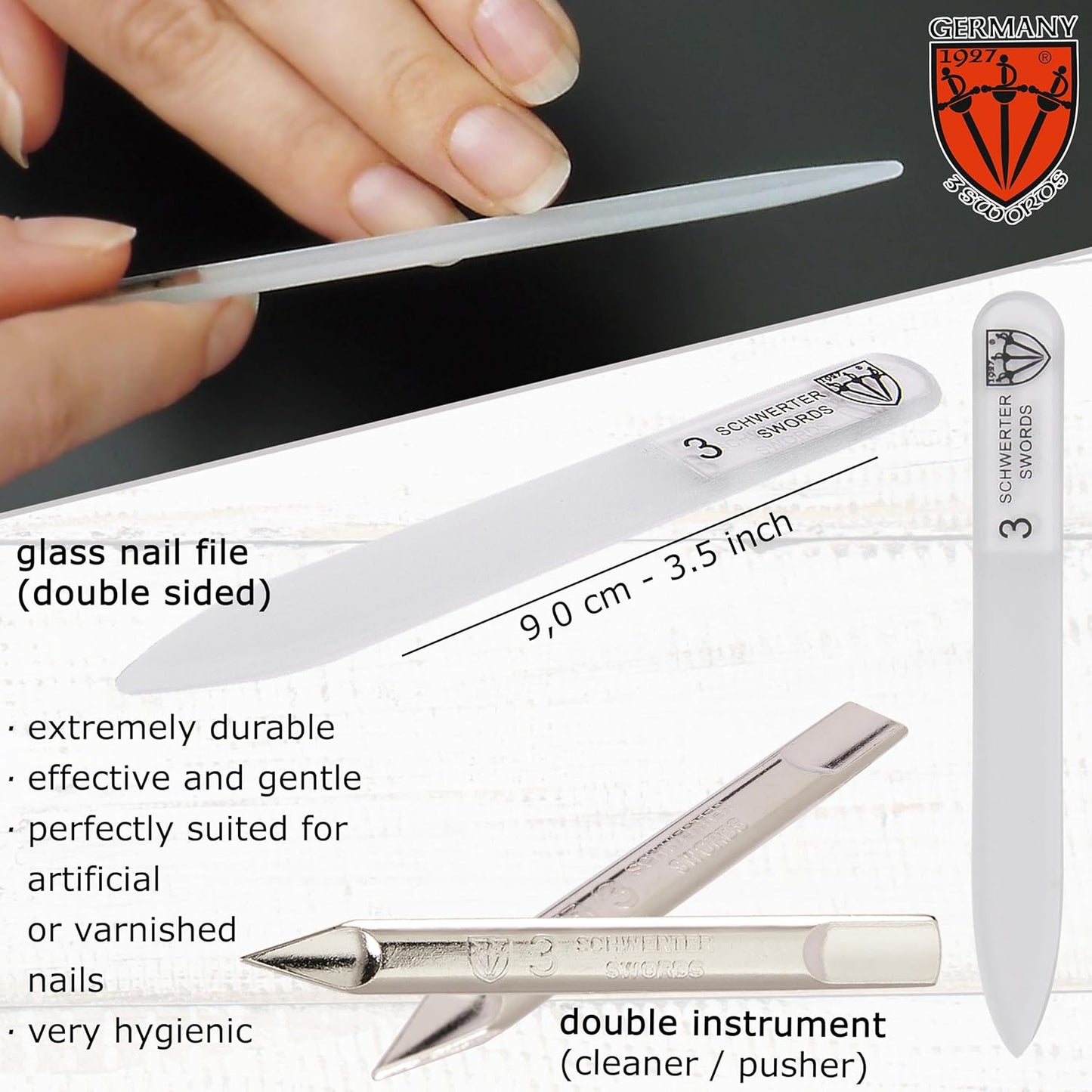 3 Swords Germany - Brand Quality 6 Piece Manicure Pedicure Grooming kit Set - Scissors, Metal and Glass Nail File, Clipper, Tweezers with Synthetic Leather case - Brown II