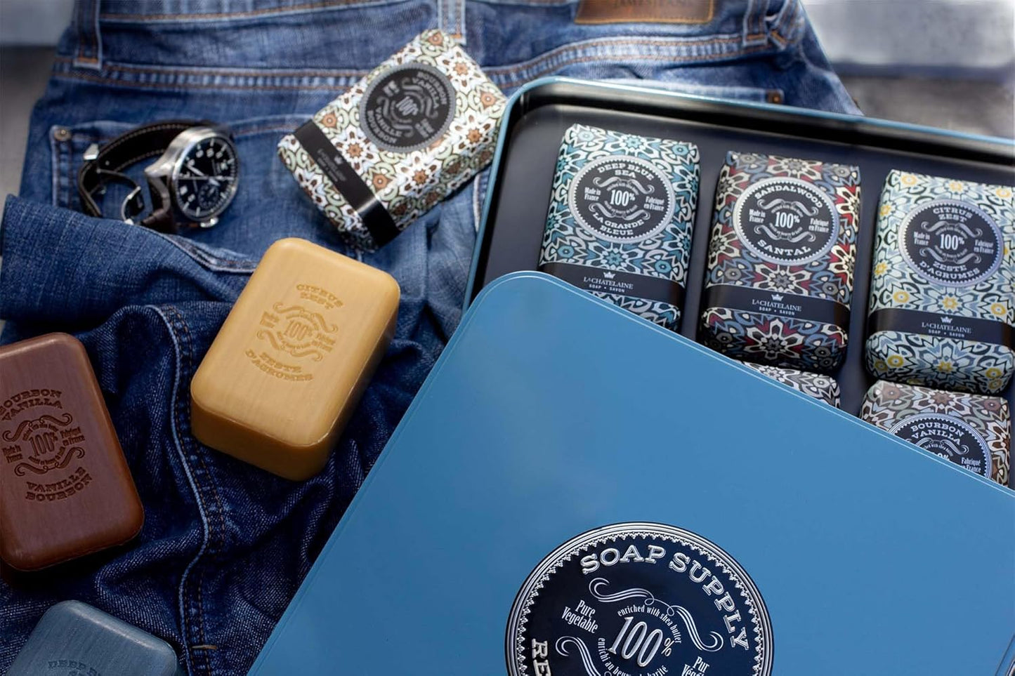 La Chatelaine Soap Supply Tin Gift Set |Unisex, Men, Women| Plant-based shea butter bar soaps | Made in France | Natural and Organic | Large soap bars | Set of 6, 8.8 oz./250g bars - Gray Mosaic