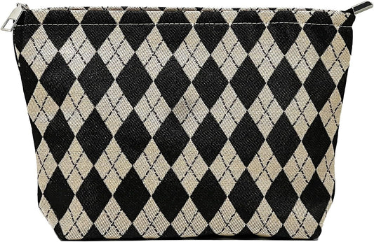 Rhombic Makeup Bag,Travel Makeup Bags for Purse, Small Makeup Pouch, Canvas Make Up Bag, Light Lining Zipper Close Comfortable Lightweight Makeup Bag, Small Cosmetic Bag, Toiletry Pouch