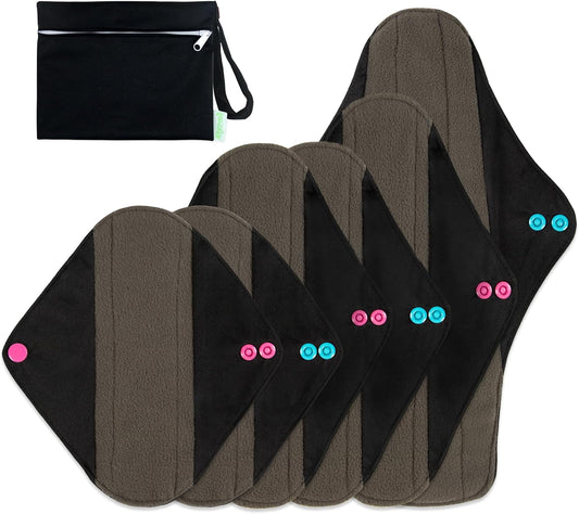 wegreeco Charcoal Reusable Menstrual Pads - Reusable Sanitary Pads | Panty Liners | Soft Cloth Menstrual - 6 Pack with 1 Cloth Mini Wet Bag (Starter Kit Set, Mix Size, Black)