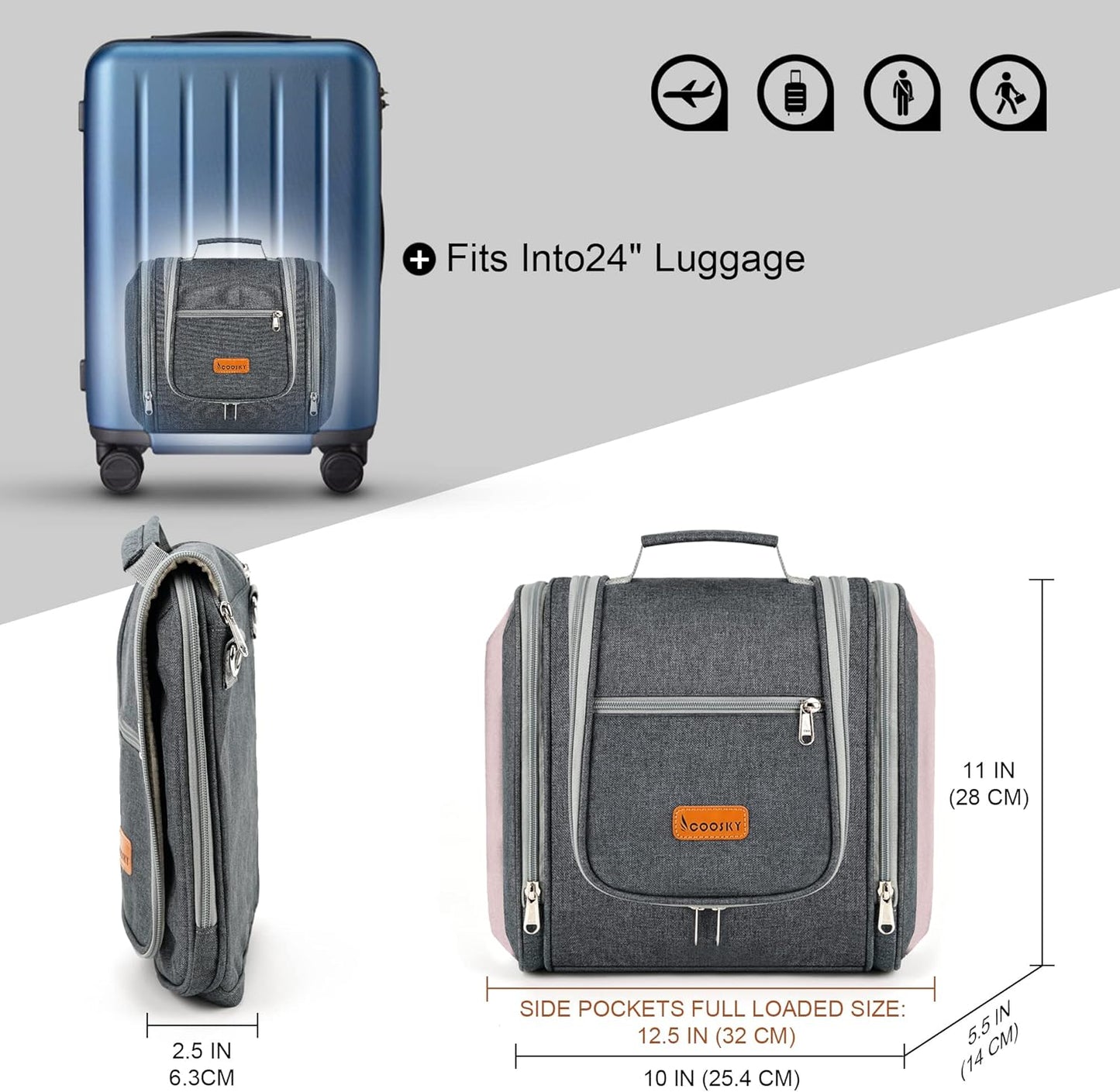 Hanging Travel Toiletry Bag for Women and Men, 6 Organizer Compartments, Extra Large Toiletries Bag, Bathroom Cosmetic Bag, Water-resistant Makeup Bag, Holds Full-Size Shampoo, Grey