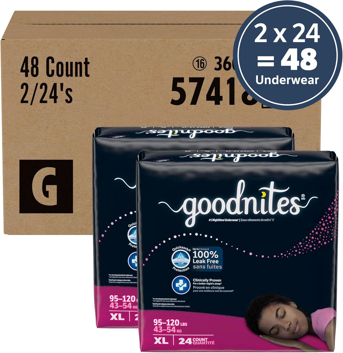 Goodnites Girls' Nighttime Bedwetting Underwear, Size Extra Large (95-120 lbs), 48 Ct (2 Packs of 24), Packaging May Vary