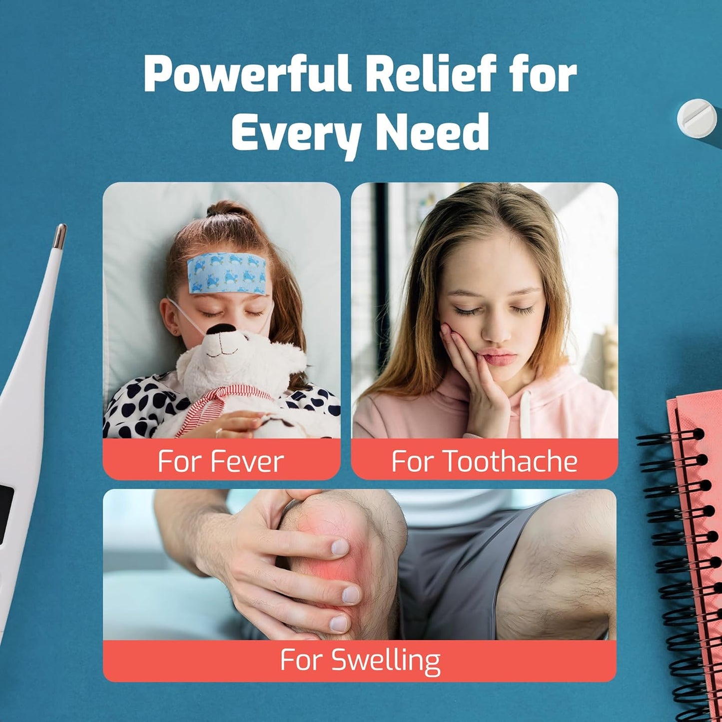 Cooling Patches for Kids - Fever Patch for Kids, Mint Extract - 20 Individually Wrapped Cold Stickers -Baby Pad, Forehead, Reducer Headache Patches -Fun Design