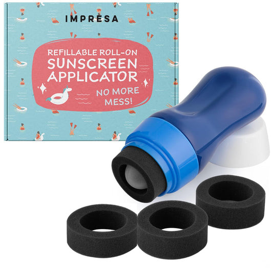 IMPRESA Sunscreen Applicator - 6 oz, Blue - Refillable Roll-On Bottle with Foam Sunscreen Replacement Sponges - Roller Ball Applicator & Lotion Roller for Kids & Adults
