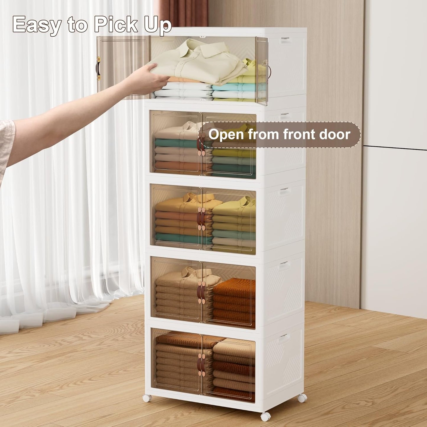 JOYMOOP Folding Storage Bins, 420 Quart Collapsible Storage Boxes with Wheels and Door, Stackble Plastic Storage Container for Clothing, Books and Sundries (XXL, 21 Gal Per, 5 Tiers)