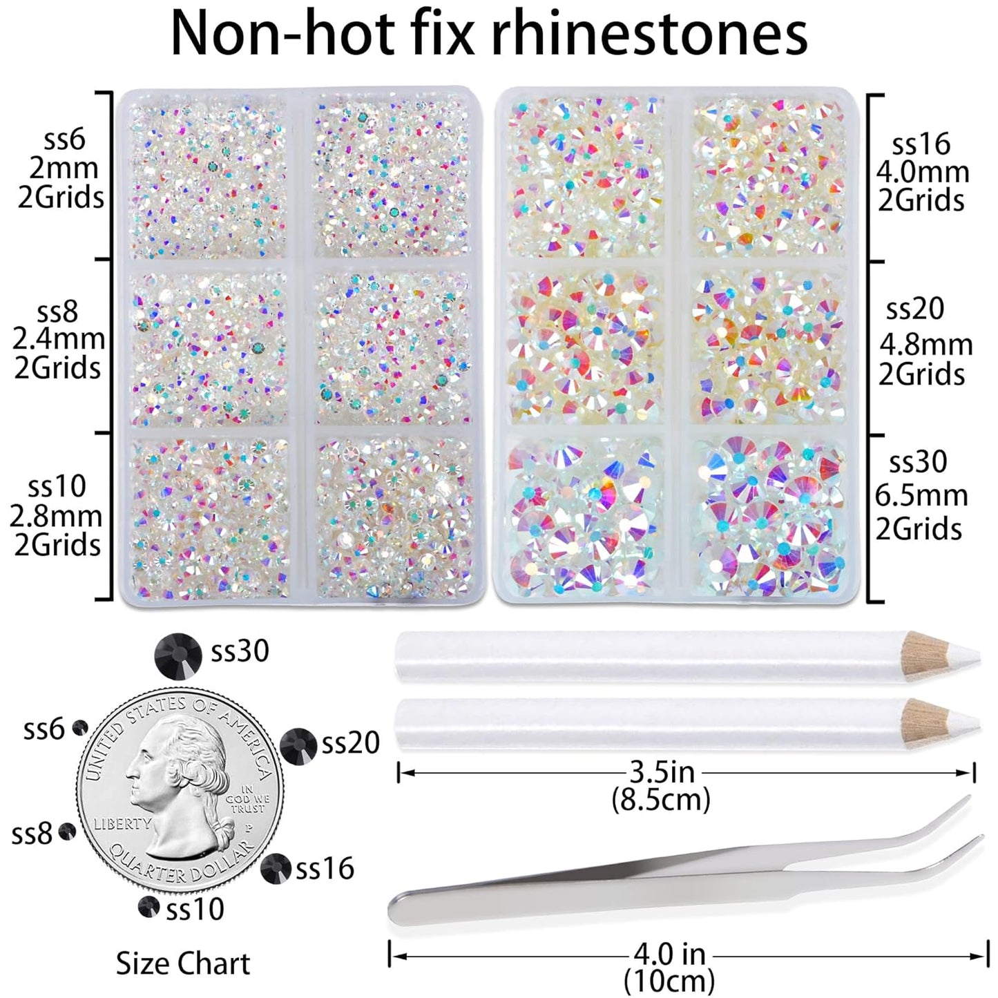 LPBeads 6000 Pieces Paradise Shine Non Hotfix Rhinestones 6 Sizes Round Crystal Glass Flat Back Rhinestones with Tweezers and Picking Pen for Nail Art Crafts Bags DIY