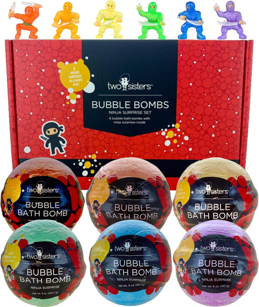 Ninja Kids Bath Bombs with Surprise Toy Inside (6 Pack) - Large Red Bubble Bomb and Fizzies, Gentle and Safe, USA Made - Ideal Gift for Boys and Girls by Two Sisters