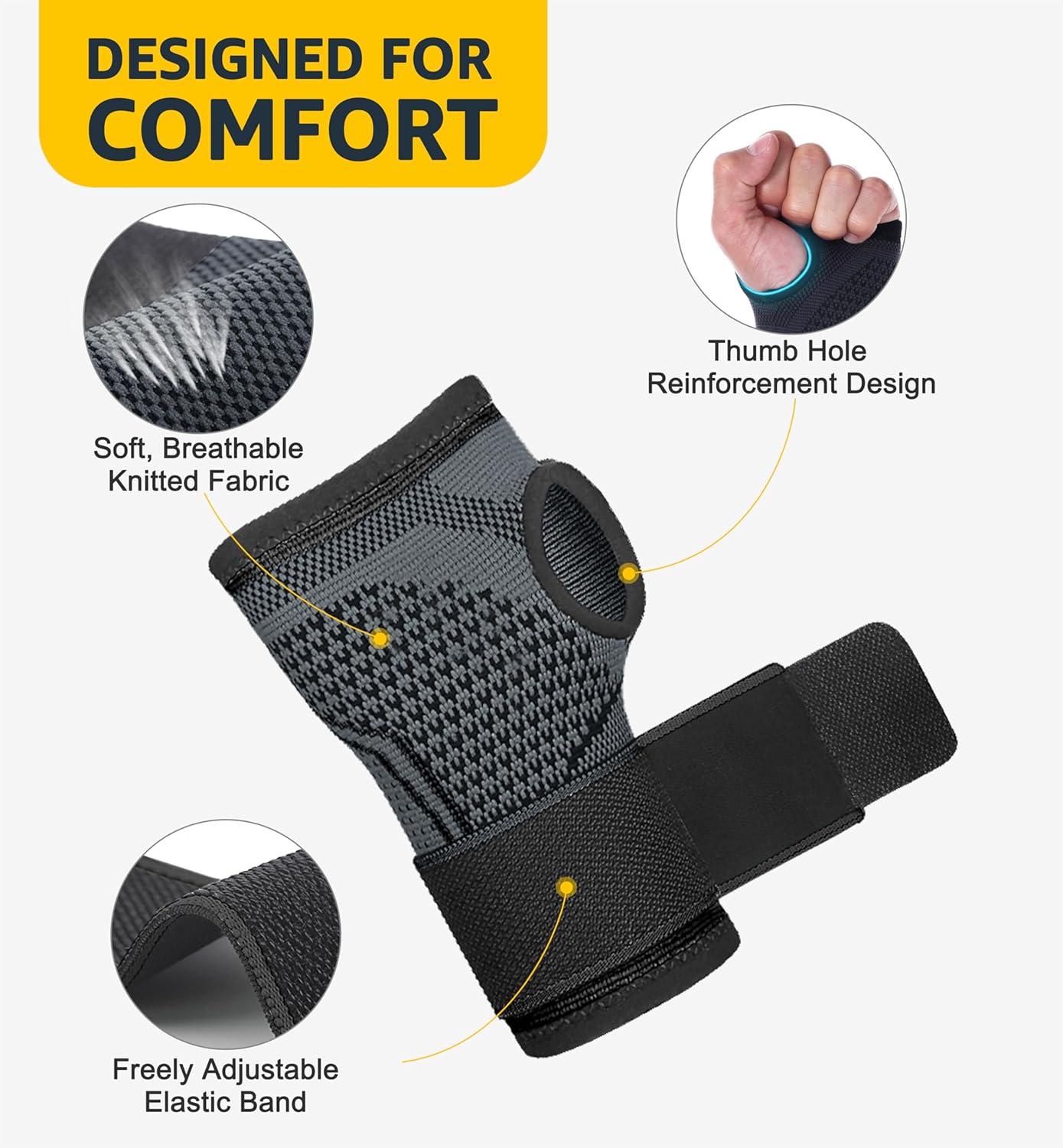 HiRui 2-Pack Wrist Brace Wrist Wraps, Hand Compression Sleeves with Wrist Straps Support for Fitness Weightlifting MTB Tendonitis Carpal Tunnel Arthritis Pain Relief (Black, Small)