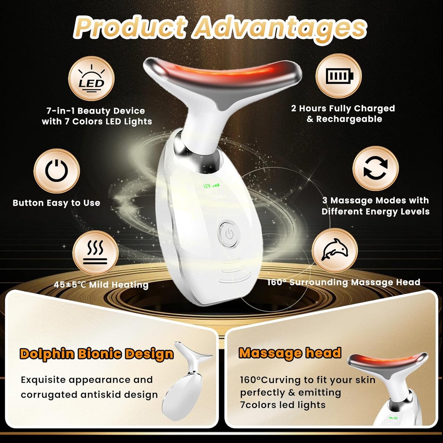 Portable Facial Massager, Multifunctional Facial Skin Care Tools, Face and Neck Massager, Face Sculpting Tool, 7 Color Led Face and Neck Beauty Device for Home Use