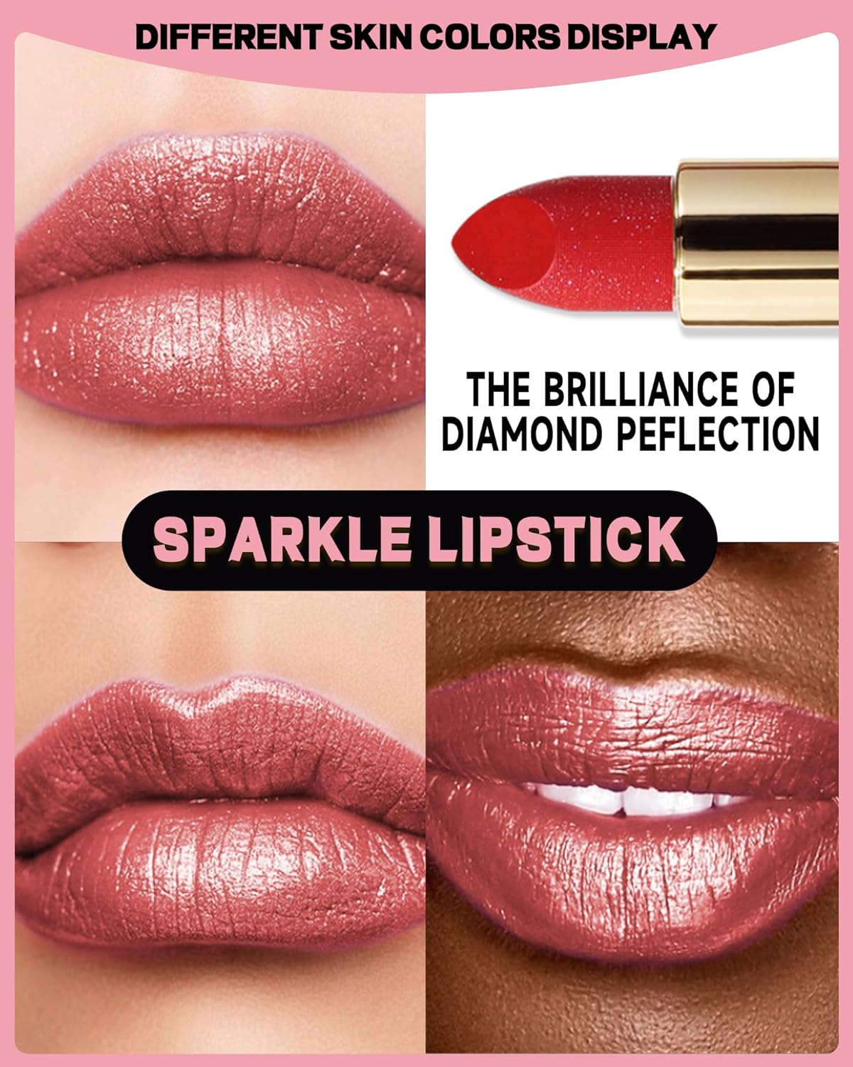 Glitter Metallic Ruby Red Shimmer Lipstick Long Lasting,Glitter Diamond Shine Nude Lipstick Transfer Proof Non-Stick Lip Gloss Shimmer Highly Pigmented Full Coverage Lip Makeup for Women-04