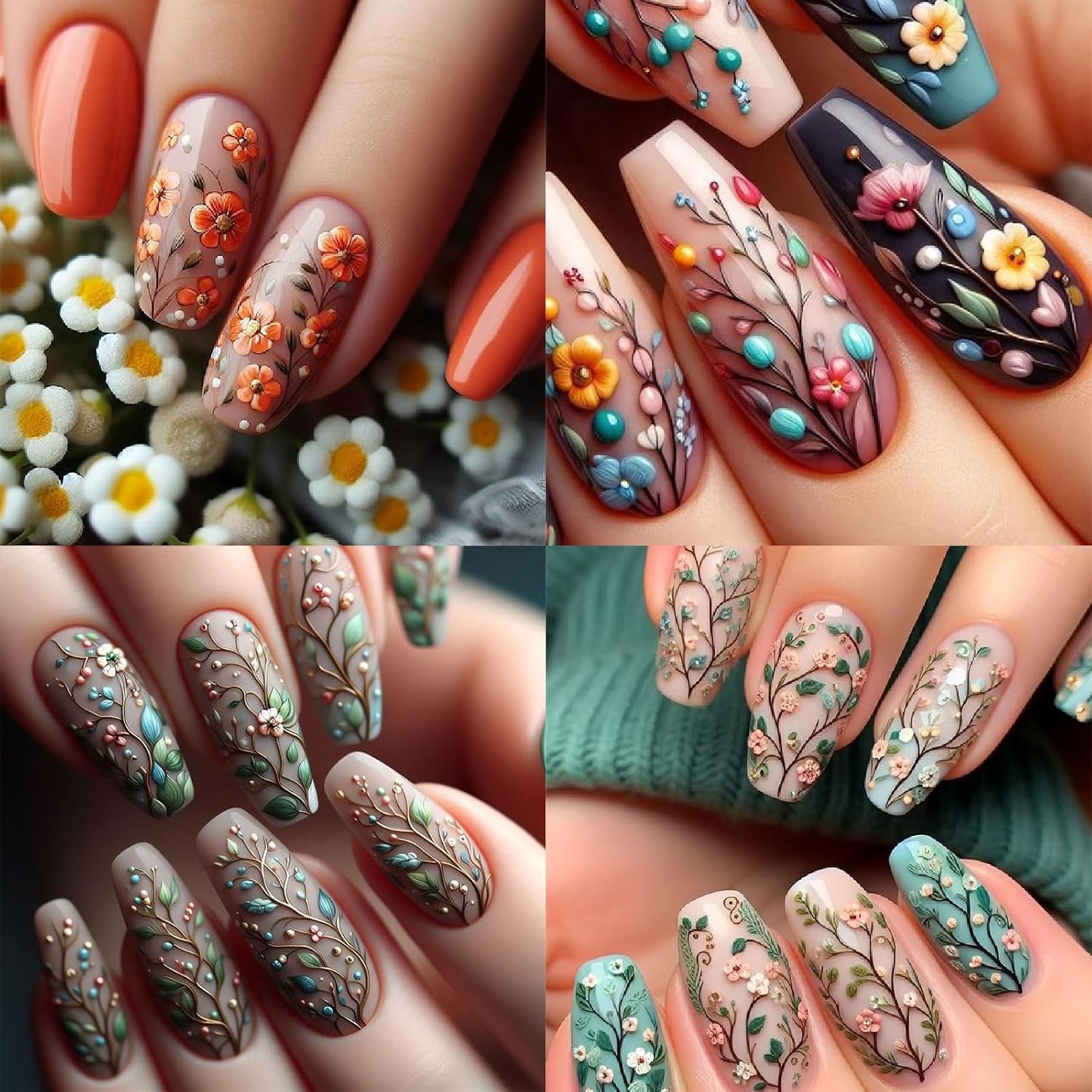 5D Embossed Nail Stickers 3Pcs Summer Colorful Flowers Leaves Nail Stickers for Nail Art Spring Floral Leaf Plant Self-Adhesive Sliders Nails Decals for Women and Girls Manicure Decoration Supplies