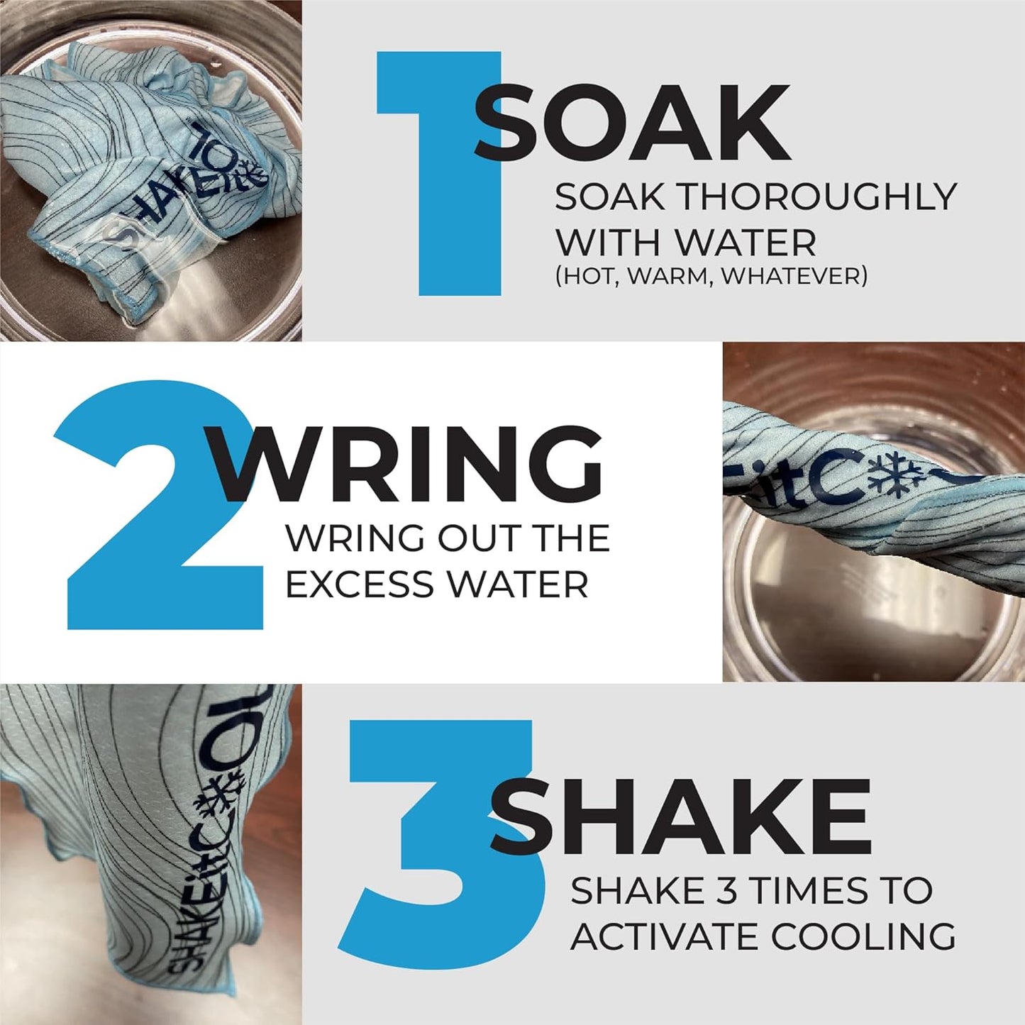 SHAKEitCOOL Original Cooling Towel – Be Cool in Style - Heat Relief, Soft, Lightweight, Sun Protection, Easy Clean - Perfect for Biking, Running, Yoga, Gym, Gardening - Blue