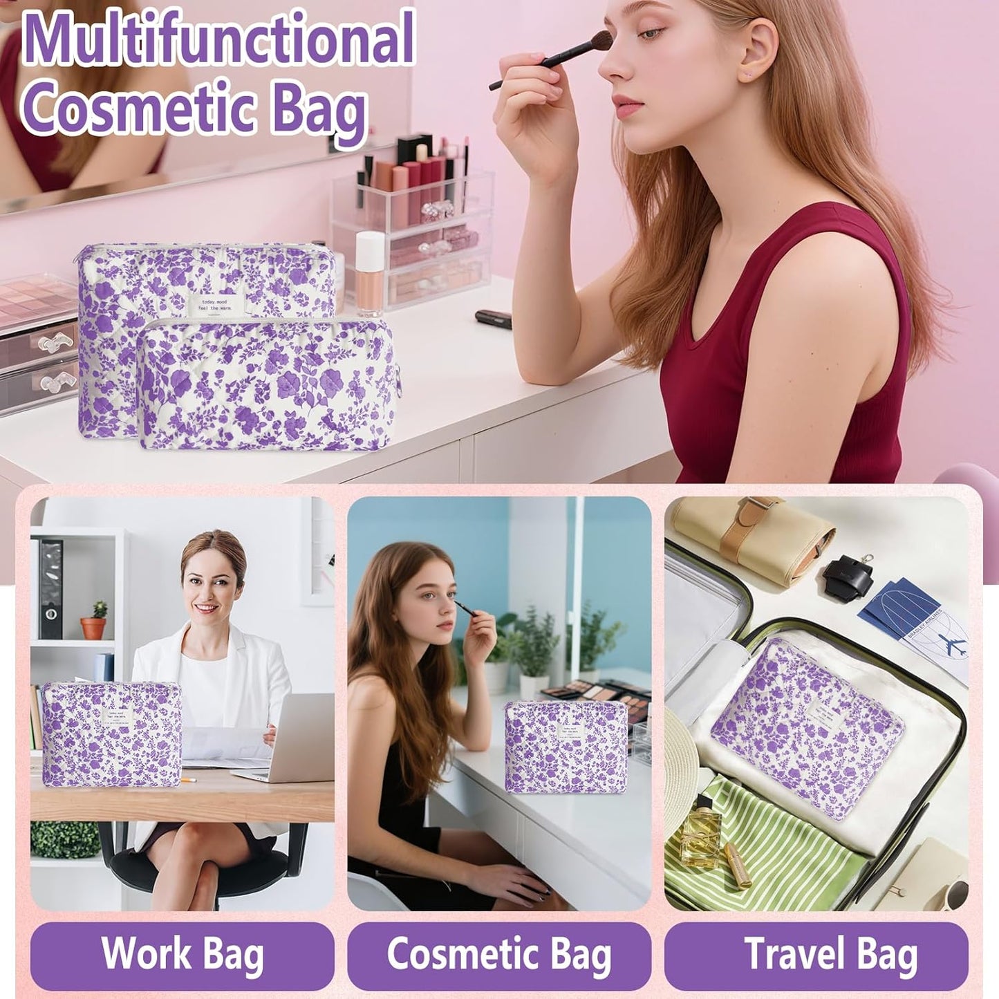 2Pcs Quilted Makeup Bag Set Flower Cute Pencil Case Large Small Travel Makeup Pouch Set for Women Coquette Makeup Bag Aesthetic Cotton Cosmetic Bag Purple Toiletry Organizer Storage Bag Zipper Pouch