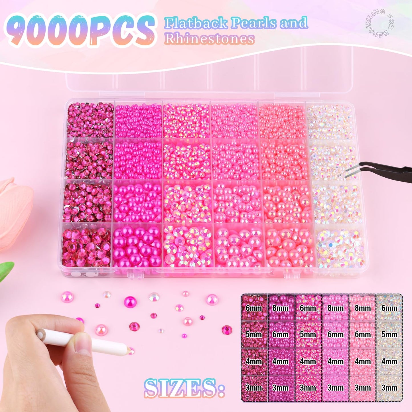 9000Pcs Flatback Pearls and Rhinestones for Crafting, Hot Pink Light Pink Mixed Size 3-8mm Resin Rhinestones and Half Pearls for Bedazzling, Nail Art and Decoration with 3pcs B7000 Jewelry Glue