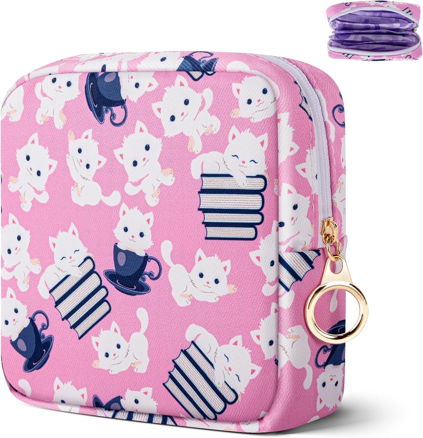 Tampon Holder for Purse, Canvas Period Bag Sanitary Napkin Storage Bag for Girls Womens, Portable Feminine Emergency Pad Period Pouch(Teacup White Cat)