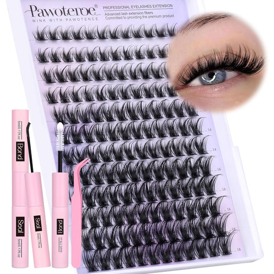Pawotence Lash Clusters Kit Wispy Lash Extension Kit 10-18mm Cluster Eyelash Extensions Kit Individual Lashes 144pcs Eyelash Clusters with Lash Bond and Seal, Lash Tweezers for Self Use