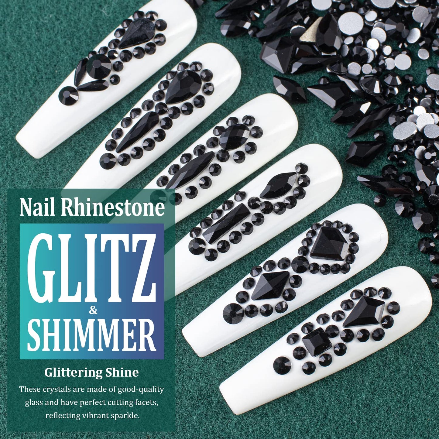 Multi Shapes Black 3D Glass Crystal Nail Art Rhinestones Kit with Flatback Round Bead Charm Gem Stone Jewelry Diamond with Pickup Pen + Tweezer for Manicure Makeup DIY Craft Decoration