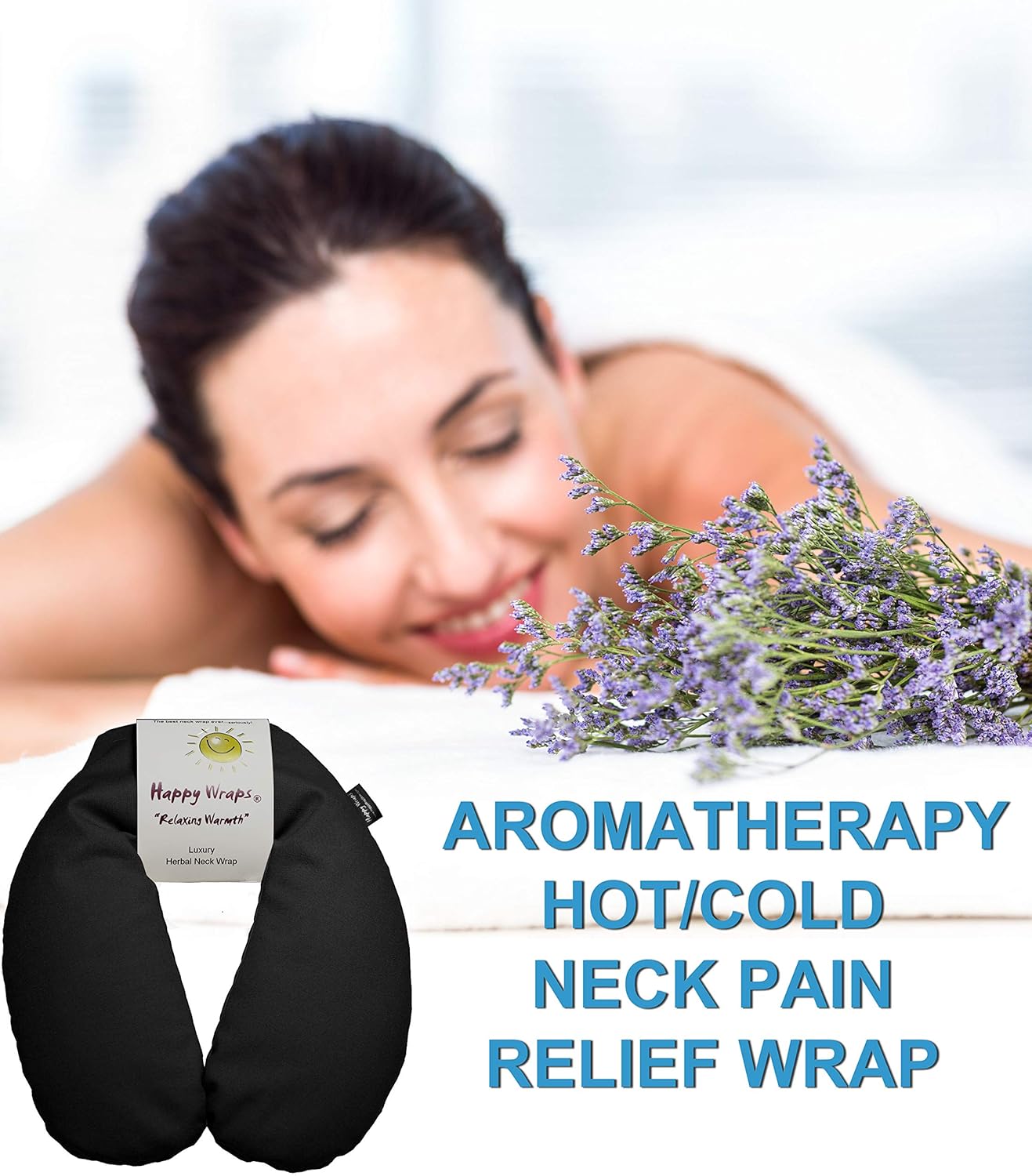 Microwavable Herbal Neck Wrap - Hot Cold Aromatherapy Neck Warming Pillow - Heating Pad for Migraines, Stress, Gifts for Women, Birthdays, Christmas and Free Sleep Mask - Black
