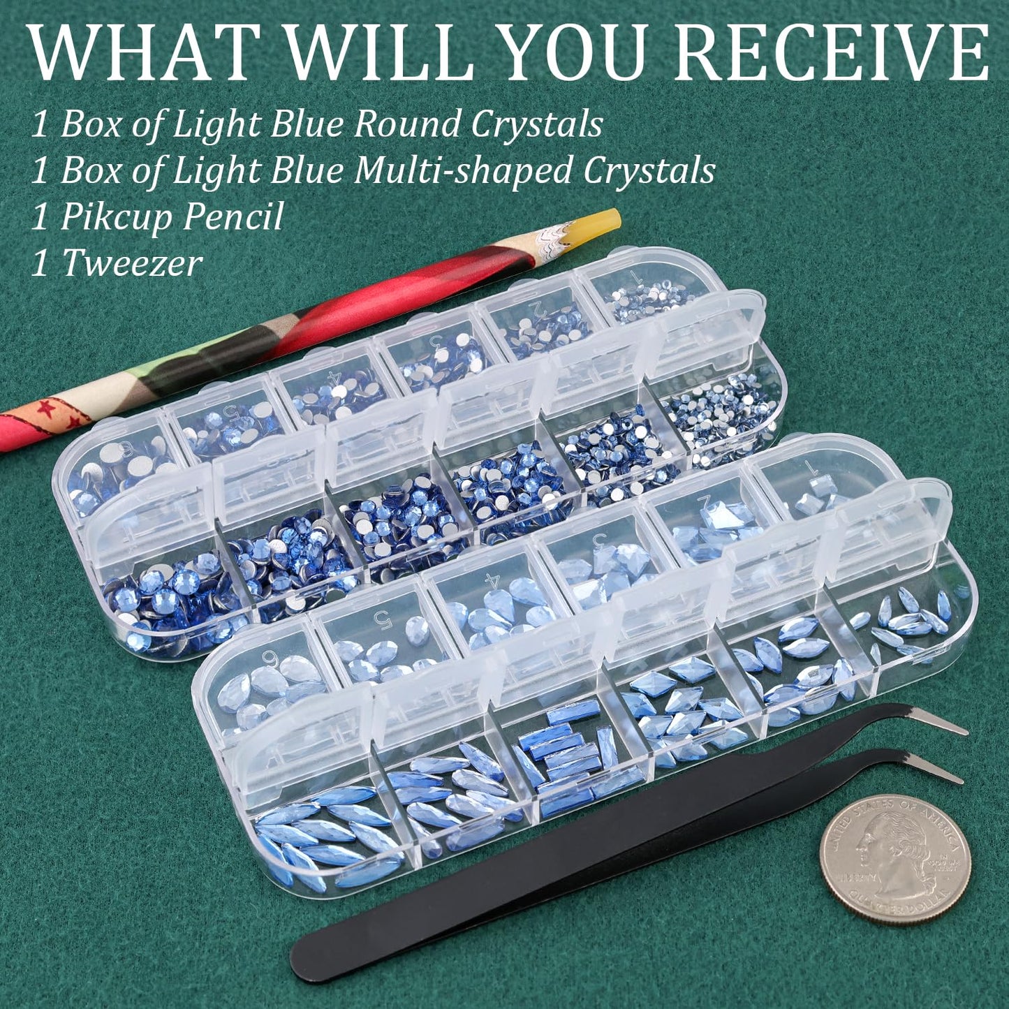 Multi Shapes Light Blue 3D Glass Crystal Nail Art Rhinestones Kit with Flatback Round Bead Charm Gem Stone Jewelry Diamond with Pickup Pen + Tweezer for Manicure Makeup DIY Craft Decoration