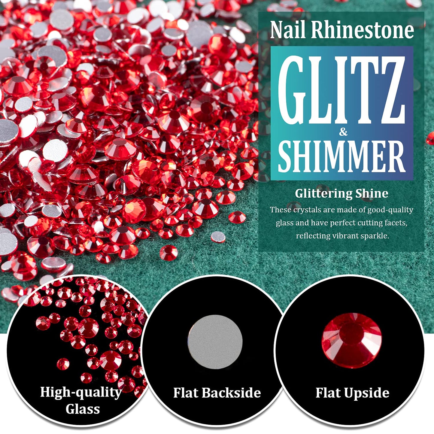 6 Sizes Red Glass Crystal Kit with Pickup Pen + Tweezer Tools for Shine Nail Art Manicure Makeup DIY Decoration Flatback Round Rhinestone Gem Jewelry Diamond