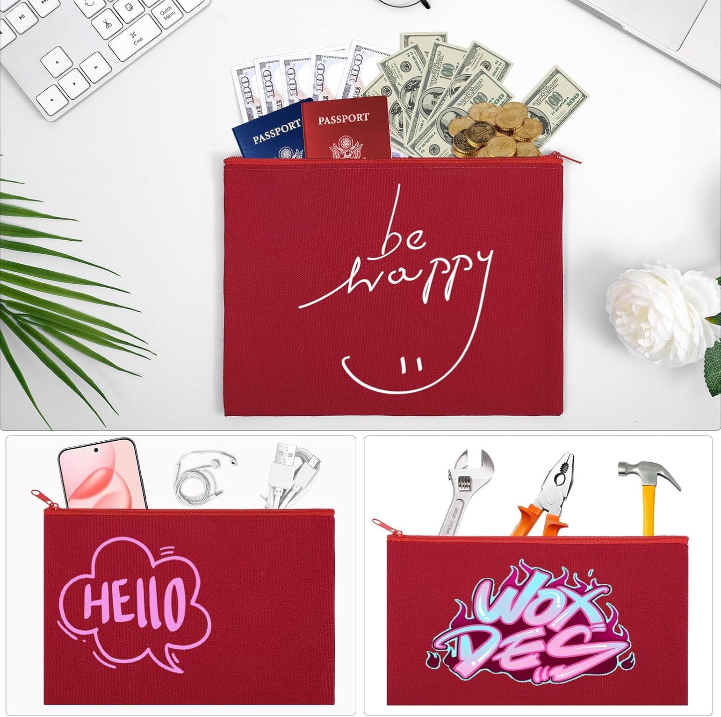 12 Pieces Cotton Canvas Makeup Bag, Multipurpose Cosmetic Bag with Zipper Travel Toiletry Pouch, Blank DIY Craft Bag (Red, S)