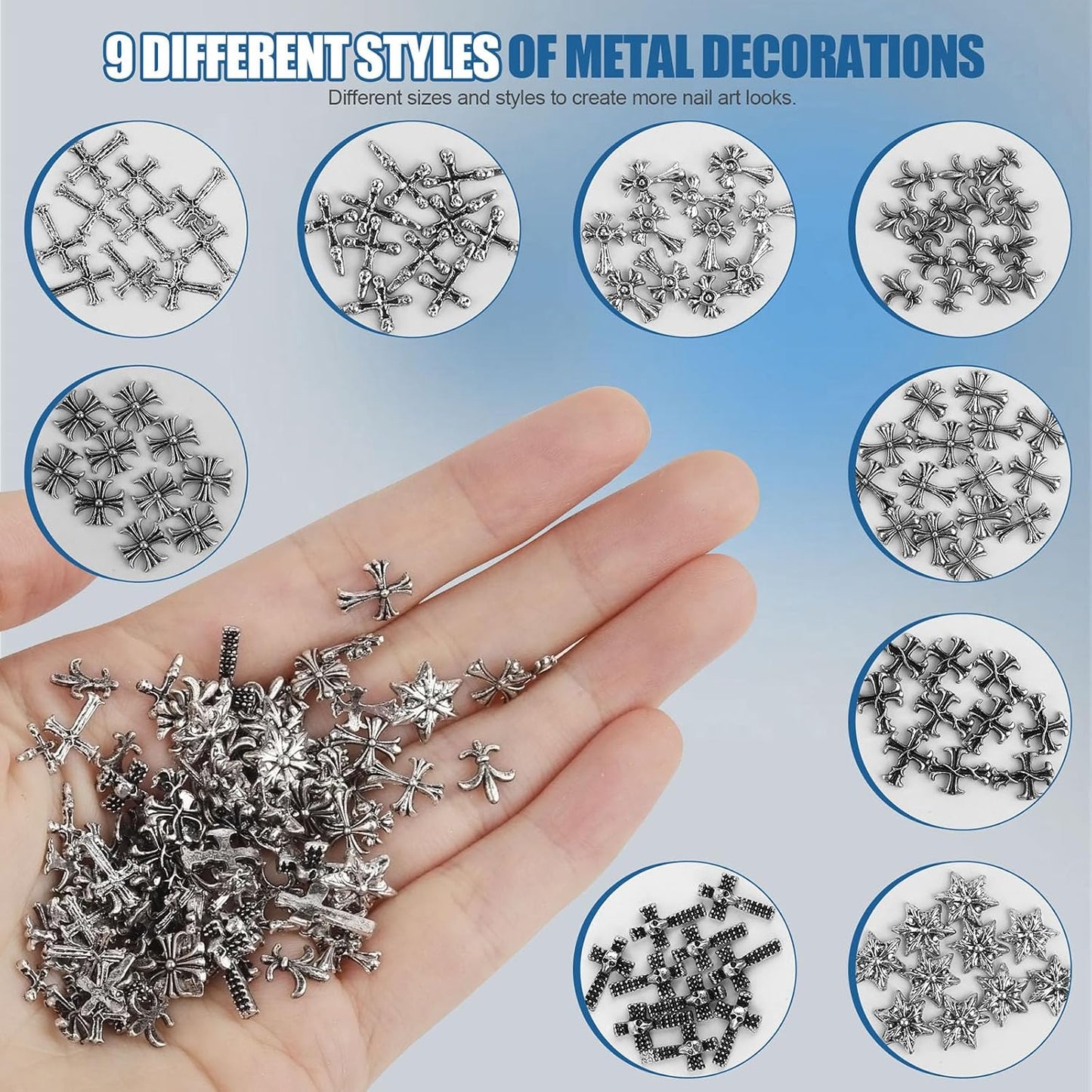 Artdone Nail Art Studs Kit, 3D Silver Cross Nail Charms and Star Gems Bulk Nail Jewels Shiny Crosses for DIY Professional Manicures Decoration