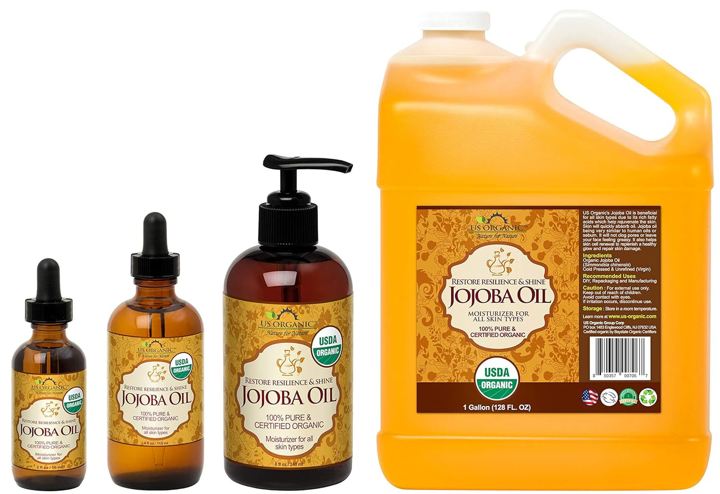 US Organic Jojoba Oil, USDA Certified Organic,100% Pure & Natural, Cold Pressed Virgin, Unrefined, Haxane Free, Sourced from Middle East, Size for DIY and Small Manufacturers (128 oz (1 Gallon))