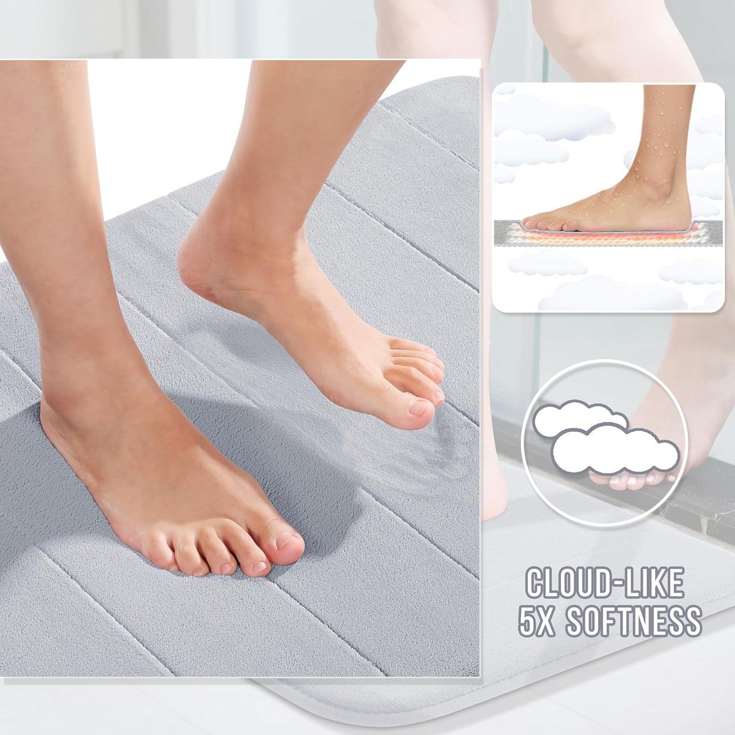 Yimobra Long Bath Mat 44"x24", Super Soft Quick Dry Memory Foam Bathroom Rug, Water Absorbent, Non Slip Backing Machine Washable for Tub Shower, Thick Comfort Support, Silver