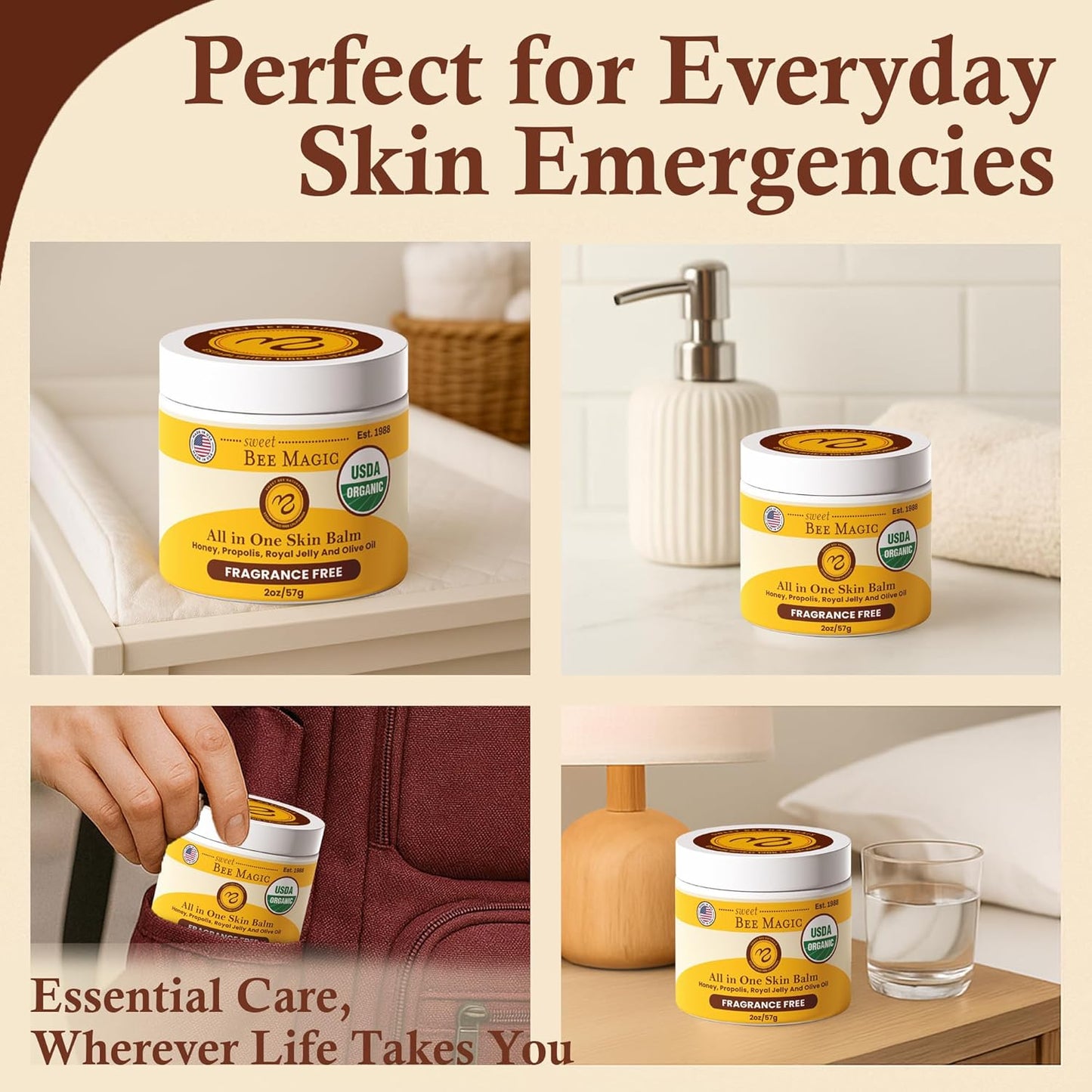 Sweet Bee Magic All In One Healing Organic Balm - Natural Skin Healing Cream, Beeswax Balm for Dry Skin, Face & Body Moisturizer - Certified Organic, All Natural Aid - 2 Jars (2oz Each,4oz Total)