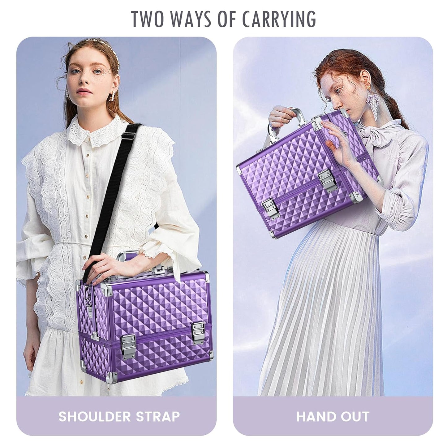 FRENESSA Makeup Train Case Makeup Case 12.6 Inch Large Cosmetic Box Organizer Travel Storage Professional Make Up Train Carrying Case with 6 Trays Locking Shoulder Strap Hard Vanity Storage Purple