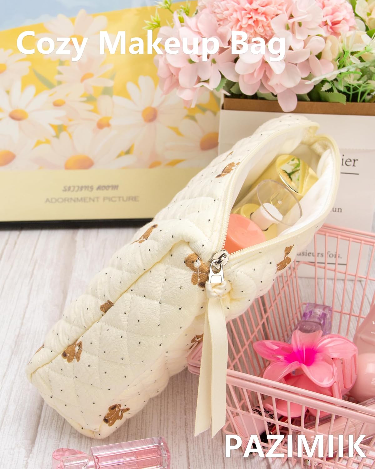 PAZIMIIK Quilted Makeup Bag Large Travel Zipper Soft Cosmetic Pouch for Women Girls Make Up,Gauze Bear